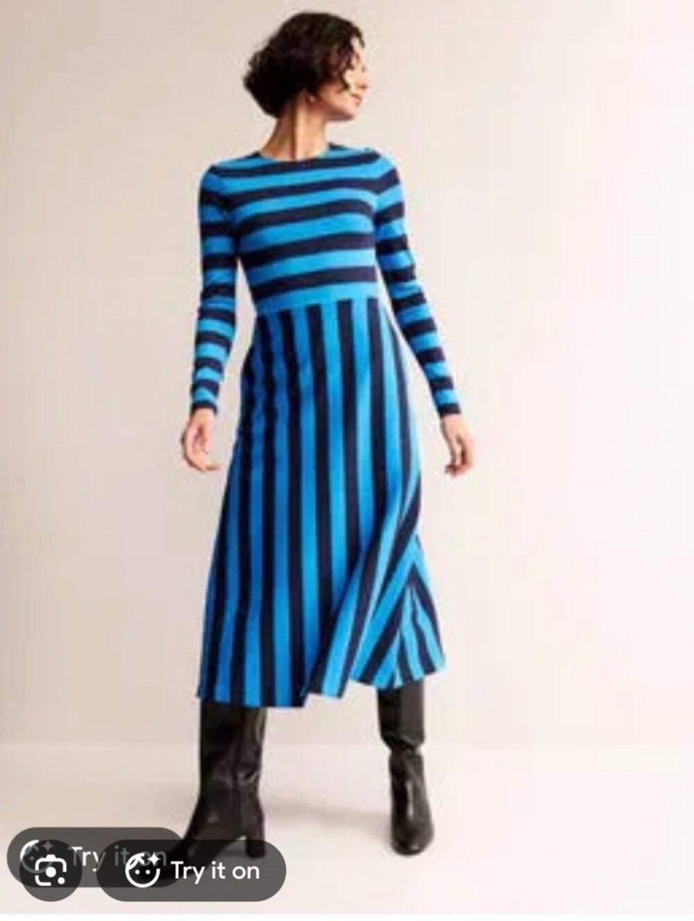 Boden Hotch Blue Striped Jersey Midi Dress Long Sleeves Sz 10R EUC Fall Teacher